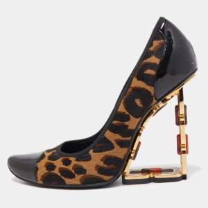 Pre Owned Louis Vuitton Tricolor Leopard Print Calf Hair and Patent Leather Wedge Pumps Size 39