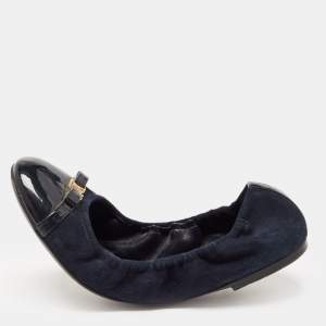 Pre Owned Louis Vuitton Navy Blue/Black Suede and Patent Leather Elba Scrunch Ballet Flats Size 40