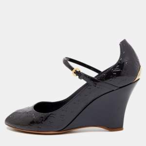 Pre Owned Louis Vuitton Navy Blue Monogram Patent Leather Peep Toe Wedge Pumps Size 37