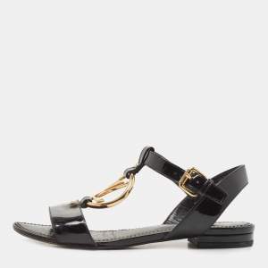 مملوكة مسبقًا Louis Vuitton Black Patent Leather Logo Ankle Strap Flat Sandals Size 36