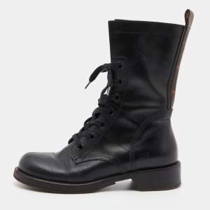 Pre Owned Louis Vuitton Black Leather and Monogram Canvas Lace Up Ankle Boots Size 38