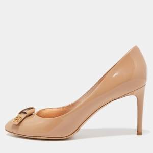 Louis Vuitton Beige Patent Leather Fiance Bow Round Toe Pumps Size 39