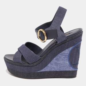 Louis Vuitton Navy Blue Denim Wedge Platform Ankle Strap Sandals Size 41