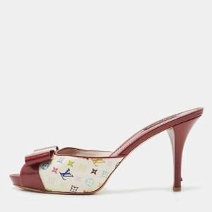 Louis Vuitton White/Burgundy Monogram Canvas and Patent Leather Bow Slide Sandals Size 40