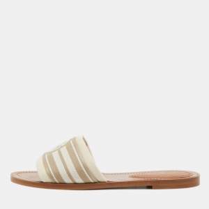 Louis Vuitton Beige Canvas Logo Flat Slides Size 38