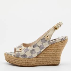 Louis Vuitton White Damier Azur Canvas Espadrille Platform Wedge Sandals Size 36.5