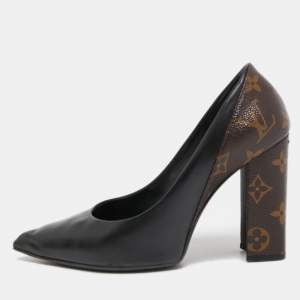 Pre Owned Louis Vuitton Black/Brown Leather and Monogram Canvas Matchmaker Pumps Size 37.5