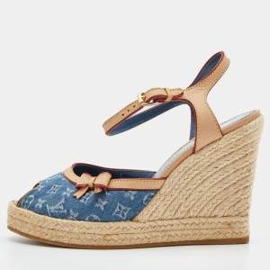 Louis Vuitton Blue/Beige Monogram Denim and Leather Espadrille Slingback Wedge Sandals Size 39.5