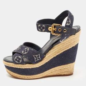 Louis Vuitton Blue Denim Formentera  Ankle Strap Platform Wedge Sandals Size 36