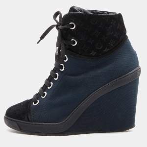 Louis Vuitton Blue/Black Canvas and Monogram Suede Millenium Wedge Sneakers Size 36.5