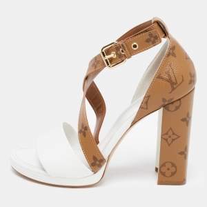Pre Owned Louis Vuitton White/Brown Monogram Canvas and Leather Matchmake Ankle Strap Sandals Size 39