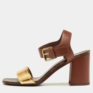 Louis Vuitton Brown/Gold Leather Bloom Ankle Strap Sandals Size 36
