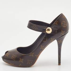Pre Owned Louis Vuitton Brown Monogram Canvas Ritual Mary Jane Peep Toe Pumps Size 40
