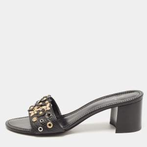Louis Vuitton Black Leather Embellished Applique Slide Sandals Size 39
