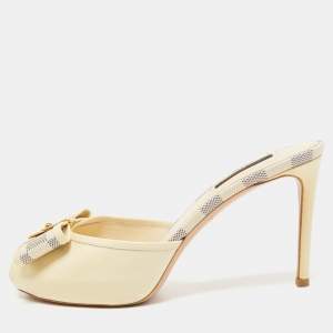 Louis Vuitton Cream Canvas and Patent Leather Slides Size 38   