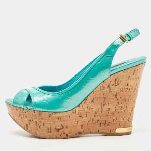 Louis Vuitton Turquoise Monogram Embossed Patent Leather Cork Wedge Slingback Sandals Size 37.5