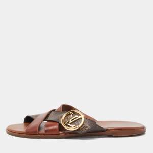 Louis Vuitton Brown Monogram Canvas and Leather Flat Sandals Size 39