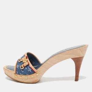 مملوكة مسبقًا Louis Vuitton Blue/Beige Monogram Denim And Leather Bow Detail Slides Sandals Size 37