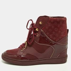 Louis Vuitton Burgundy Monogram Suede and Leather Millennium Wedge Sneakers Size 37