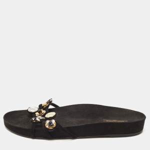 Pre Owned Louis Vuitton Black Suede Embellished Slides Size 39.5
