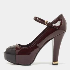 Pre Owned Louis Vuitton Burgundy/Black Patent and Leather Peep Toe Mary Jane Pumps Size 38
