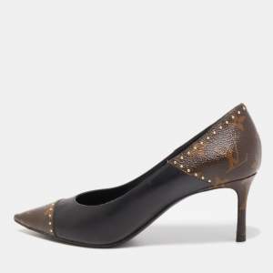 Louis Vuitton Brown/Black Leather and Monogram Canvas Studded Cap Toe Pumps Size 37