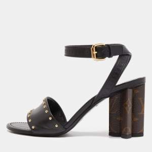 Louis Vuitton Black Leather and Monogram Canvas Silhouette Sandals Size 37.5