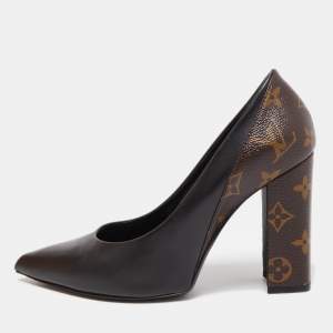 Louis Vuitton Black/Brown Leather and Monogram Canvas Pointed Toe Block Heel Pumps Size 38.5