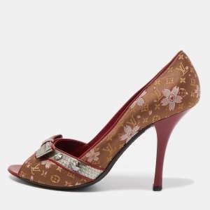 Louis Vuitton Brown/Red Monogram Satin and Leather Bow Peep Toe Pumps Size 39