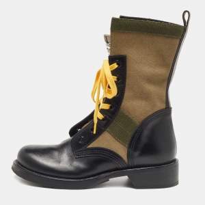Louis Vuitton Green/Black Canvas and Leather Midcalf Boots Size 38.5  