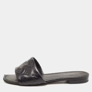 Pre Owned Louis Vuitton Black Monogram Embossed Leather Revival Flat Slides Size 37.5