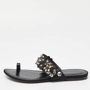 Pre Owned Louis Vuitton Black Satin Embellished Flat Slides Size 37.5   