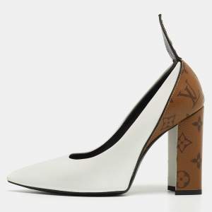 Pre Owned Louis Vuitton White Leather and Monogram Canvas Rodeo Queen Pumps Size 36