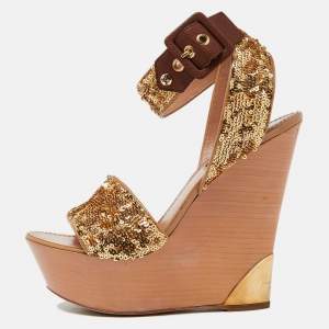 Louis Vuitton Gold Sequins Platform Wedge Ankle Wrap Sandals Size 38