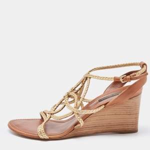 Louis Vuitton Gold/Brown Leather Wedge Sandals Size 40