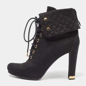 Louis Vuitton Black Nubuck Leather Lace Up Ankle Booties Size 39.5