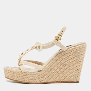Louis Vuitton Cream Canvas Wedge Espadrilles Sandals Size 39.5