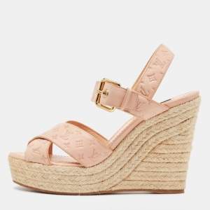 Louis Vuitton Beige Monogram Denim Formentera Espadrilles Wedge Sandals Size 38