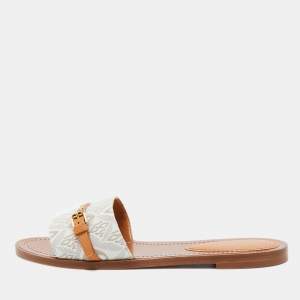 Louis Vuitton White Canvas And Leather Lock It Flat Slides Size 37.5