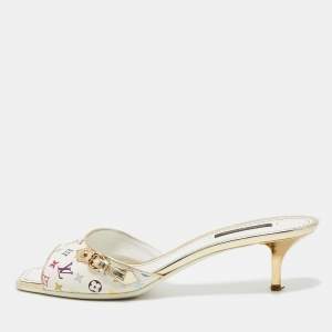 Louis Vuitton White Leather and Monogram Canvas Slide Sandals Size 37.5