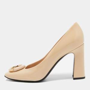Louis Vuitton Beige Patent Leather Madeleine Block Heel Pumps Size 39.5