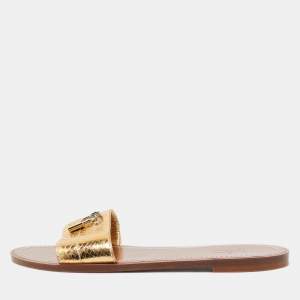 Louis Vuitton Gold Python Embossed Leather Lock It Flat Slides Size 40