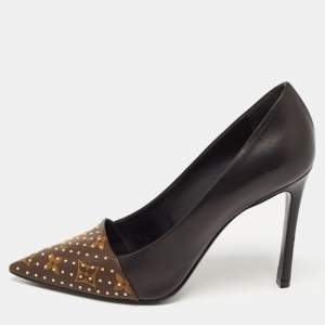 Pre Owned Louis Vuitton Black/Brown Leather and Coated Canvas Monogram Studded Cap-Toe Pumps Size 38