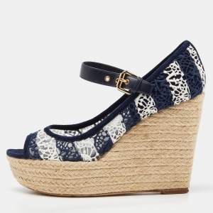 Louis Vuitton Blue/White Fabric, Suede and Mesh Open Toe Wedge Espadrille Sandals Size 38
