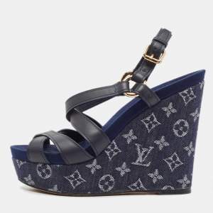 Louis Vuitton Blue Leather And Monogram Denim Wedge Ocean Slingback Sandals Size 40