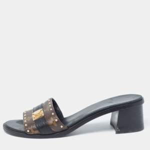 Louis Vuitton Brown/Black Monogram Canvas and Leather Lock It Slide Sandals Size 39.5