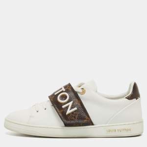 Louis Vuitton White/Brown Leather and Monogram Canvas Logo Strap Frontrow Sneakers Size 40