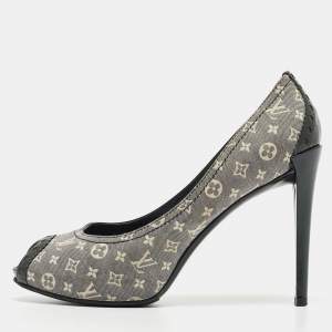Louis Vuitton Grey/Green Canvas Peep Toe  Romance Pumps Size 38
