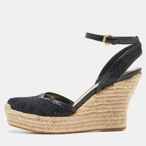Pre Owned Louis Vuitton Blue/Black Monogram Denim Ankle Strap Espadrille Wedge Sandals Size 37.5
