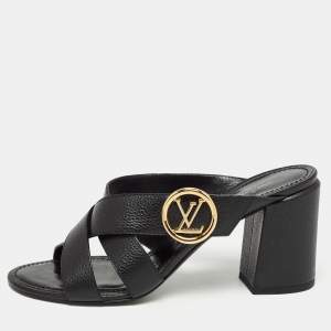 Louis Vuitton Black Leather Block Heel Slide Sandals Size 40